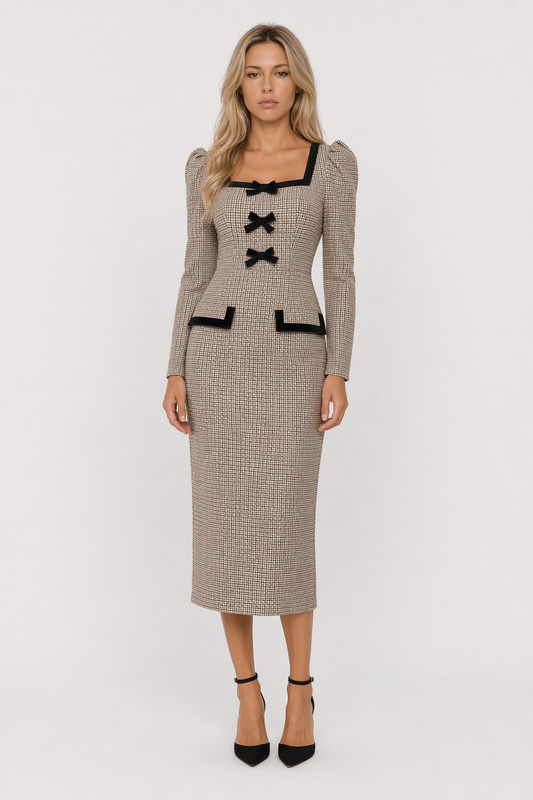 Bow Plaid Square Neck Puff Sleeve Dress Taupe