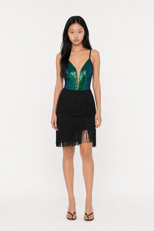 Spaghetti Strap Fringe Trim Dress Green
