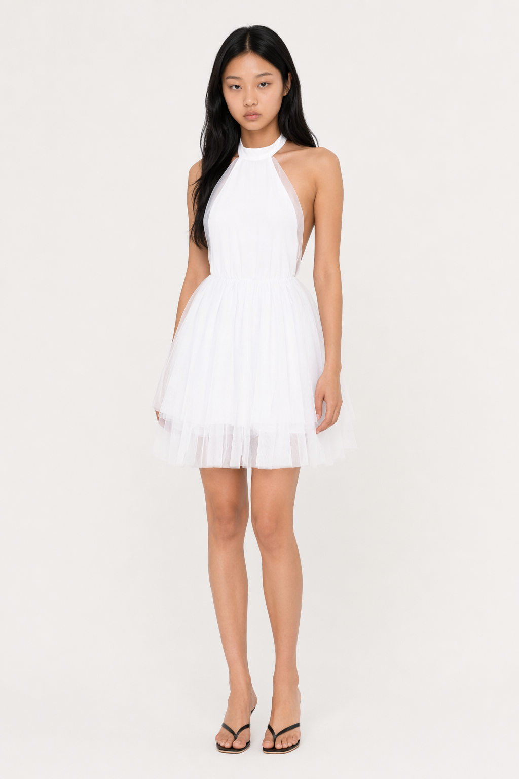 Halter Neck Backless Mesh Dress White