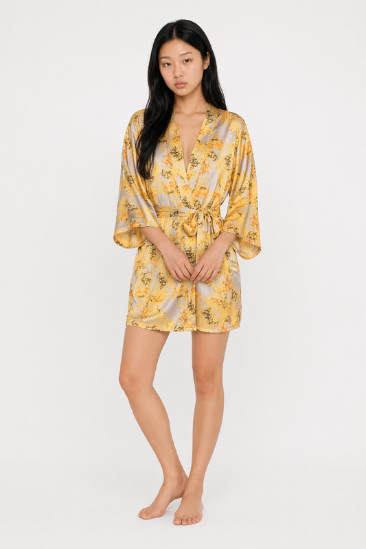 Satin Kimono Robe - Japanese-inspired Cozy Yellow