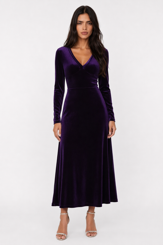 V-Neck Long Sleeve Velvet Dress Violet