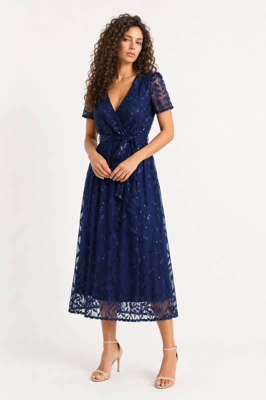 Sequin Leaf Embroidery Tie Front Short Sleeve Dress Dark Blue