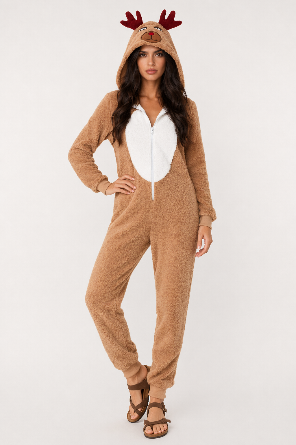 Women's Deer Onesie Costume - Reindeer Khaki