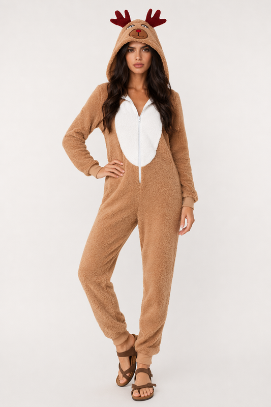 Women's Deer Onesie Costume - Reindeer Khaki