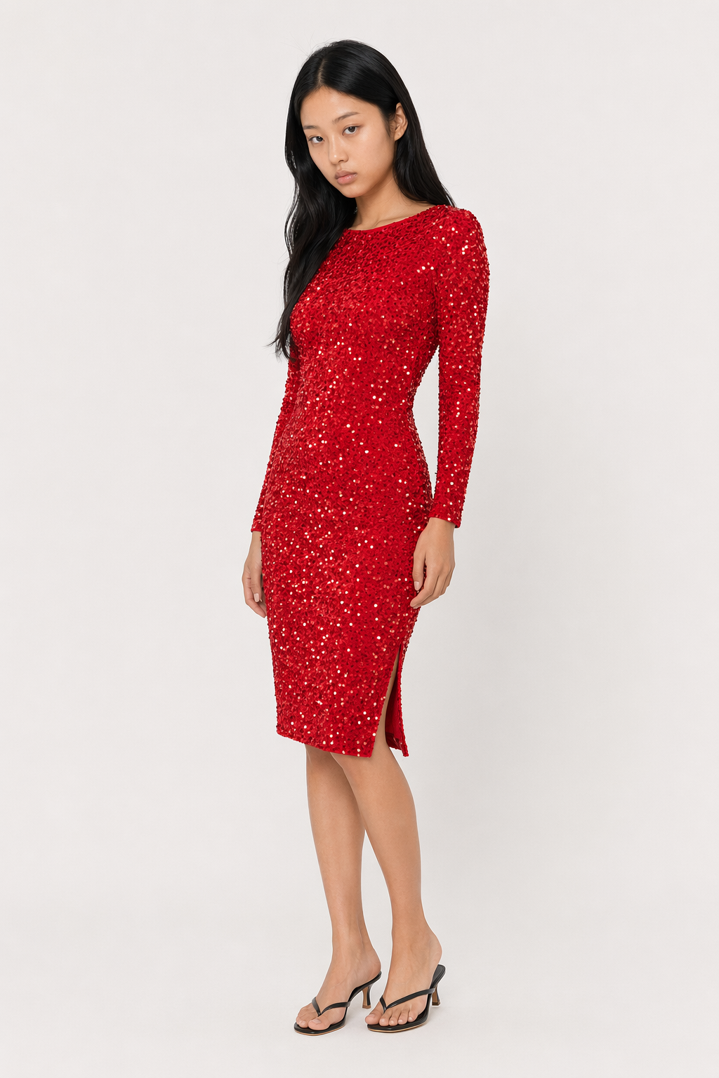 Sequin Round Neck Slit Dress Red