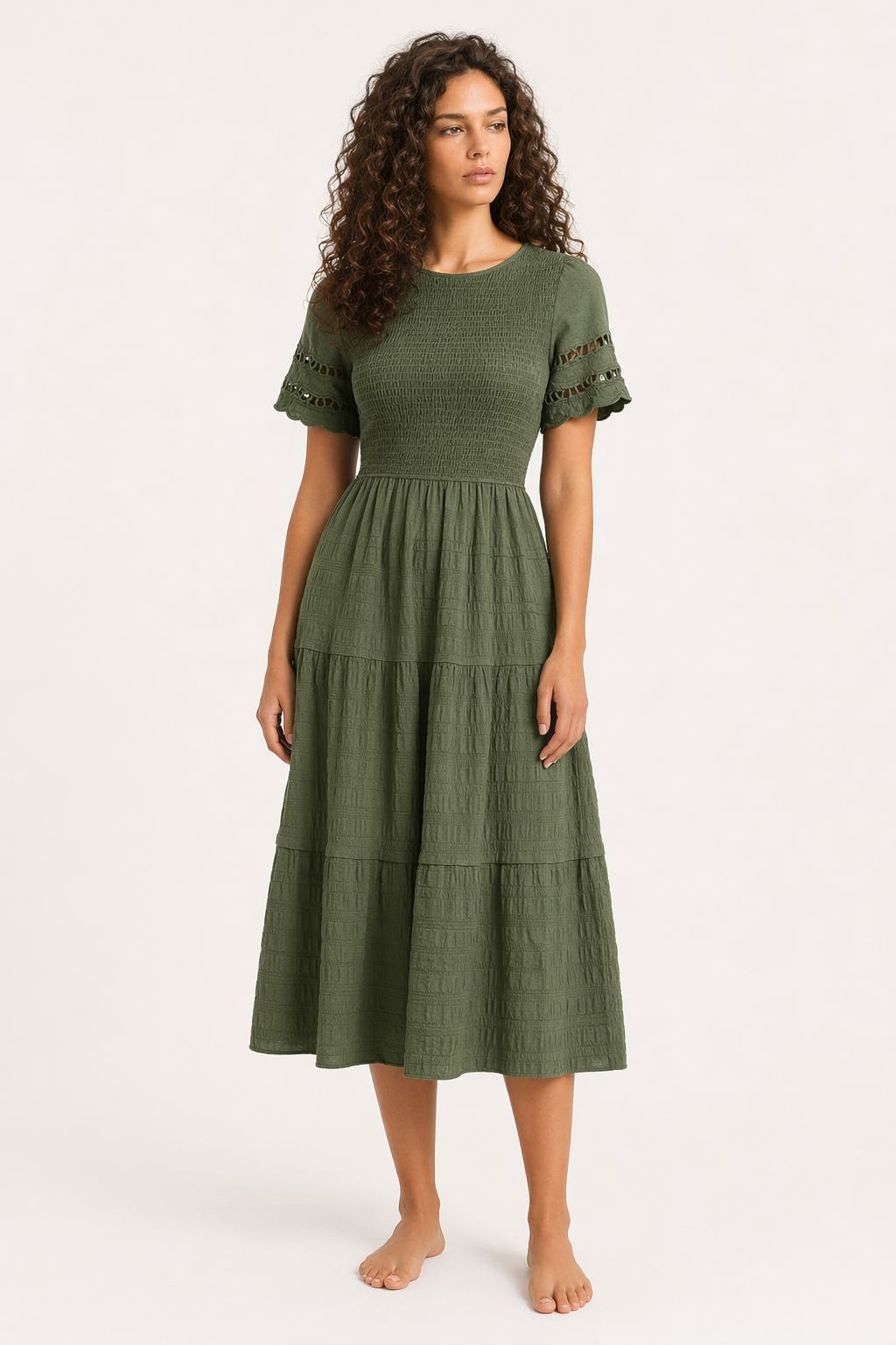 Devine Smocked Round Neck Short Sleeve Midi Dress Matcha Green