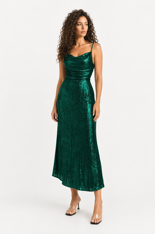 Honey Asymmetric Neck Sleeveless Midi Dress Dark Green