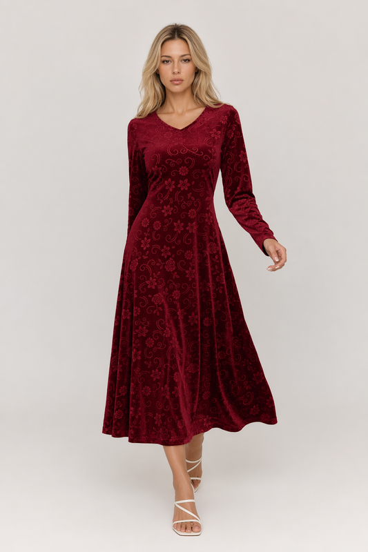 Flower Print V-Neck Long Sleeve Midi Dress Burgundy