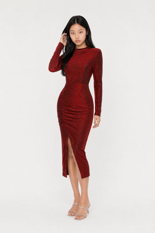 Slit Ruched Mock Neck Long Sleeve Dress Burgundy