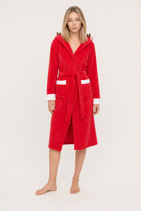 Christmas Robe Fleece Reindeer Kimono Red