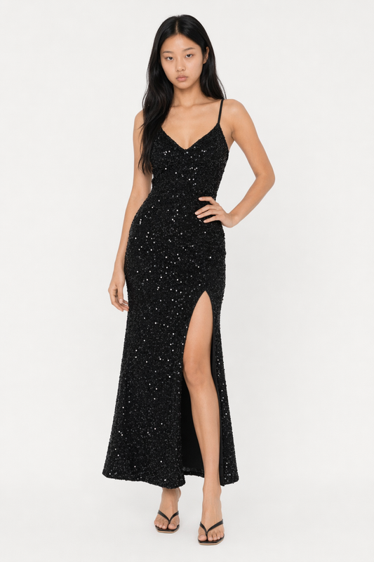 Slit Sequin V-Neck Cami Dress Black