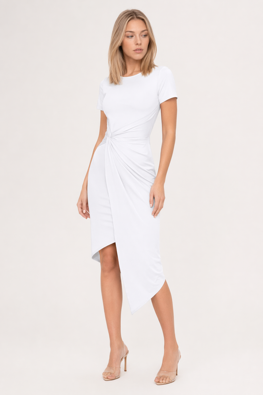 Twisted Asymmetrical Short Sleeve Dress White