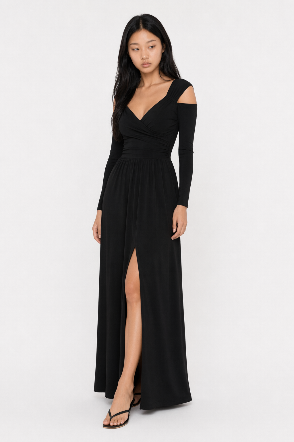 Slit Surplice Long Sleeve Maxi Dress Black