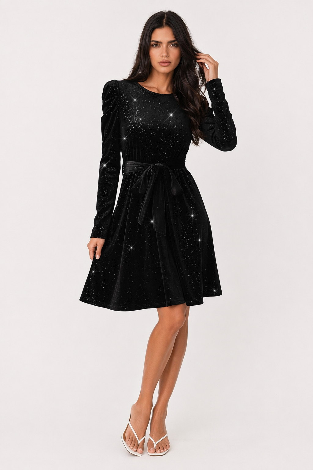 Glitter Round Neck Puff Sleeve Dress Black