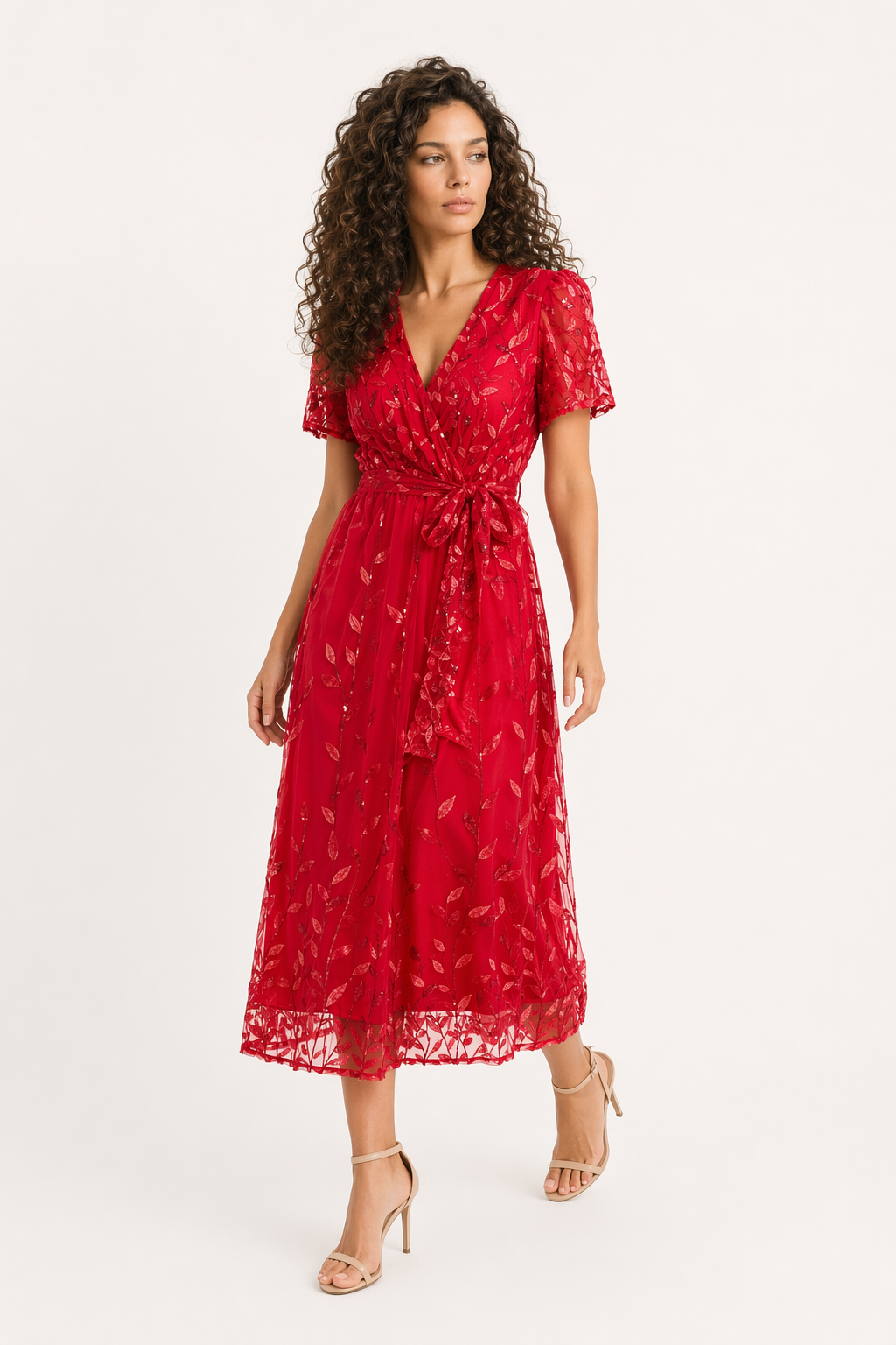Sequin Leaf Embroidery Tie Front Short Sleeve Dress Deep Red