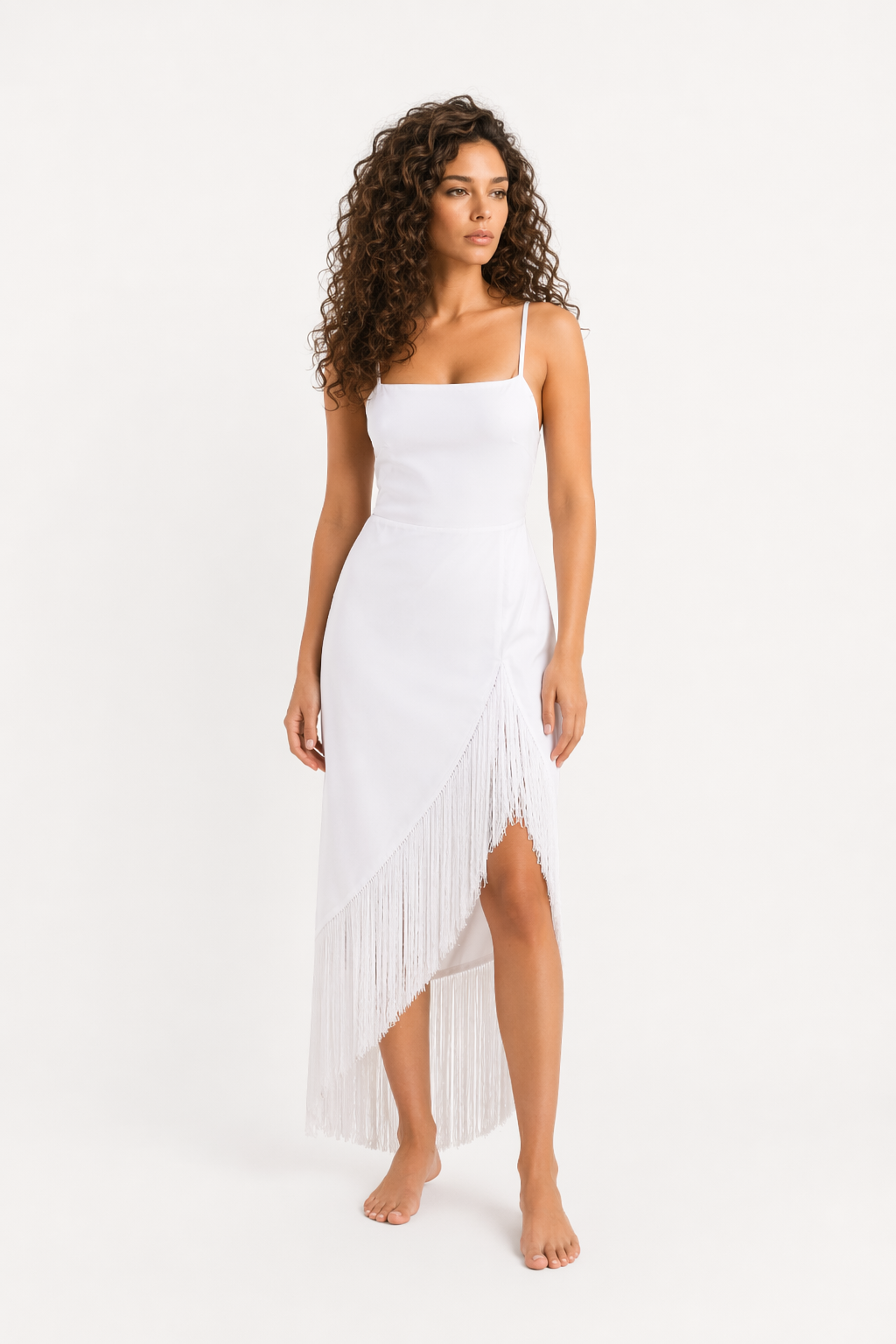 Fringe High-Low Square Neck Cami Dress White