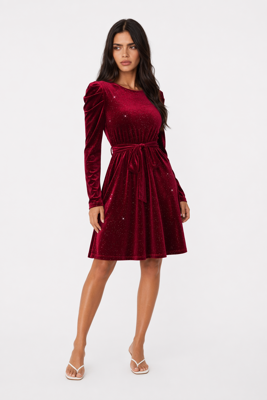 Glitter Round Neck Puff Sleeve Dress Burgundy