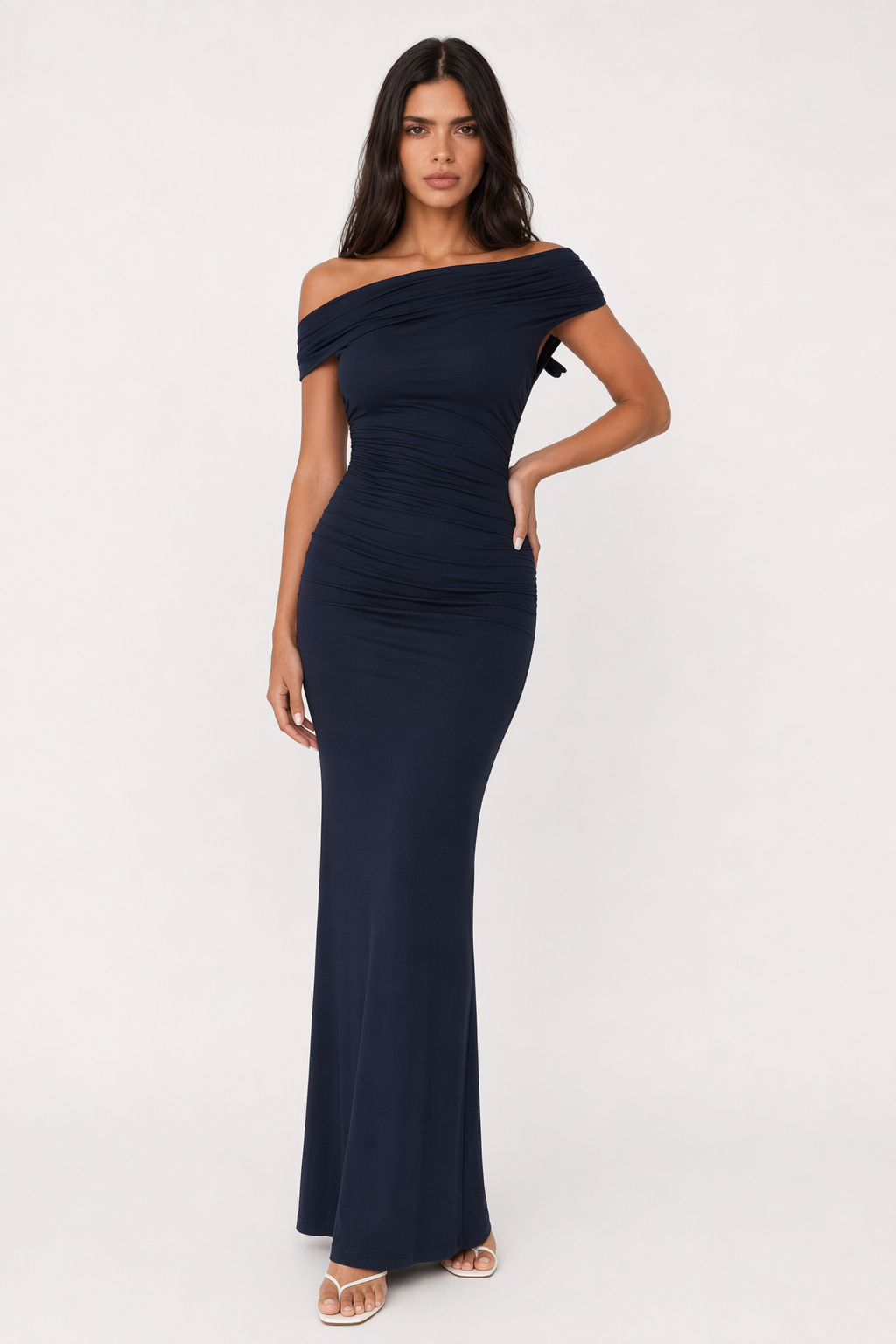 Devine Ruched Single Shoulder Short Sleeve Maxi Dress Dark Blue