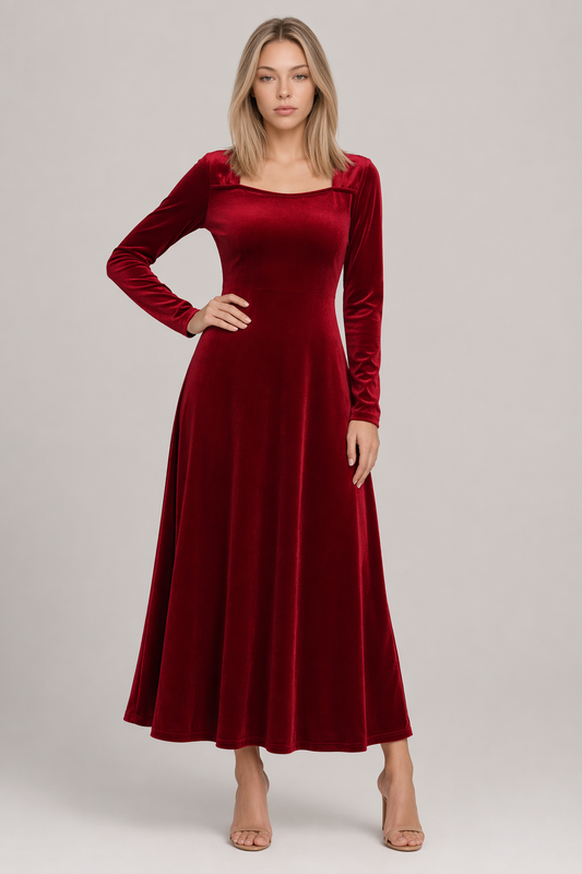 Square Neck Long Sleeve Velvet Dress Deep Red