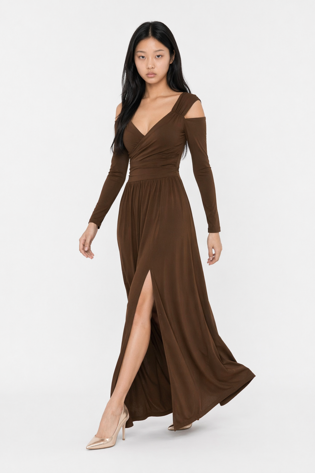 Slit Surplice Long Sleeve Maxi Dress Brown