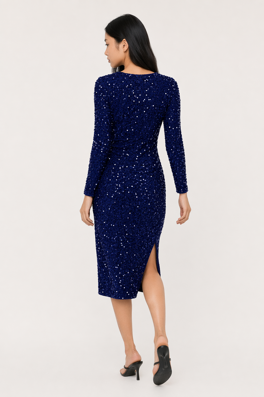 Sequin Round Neck Slit Dress Navy