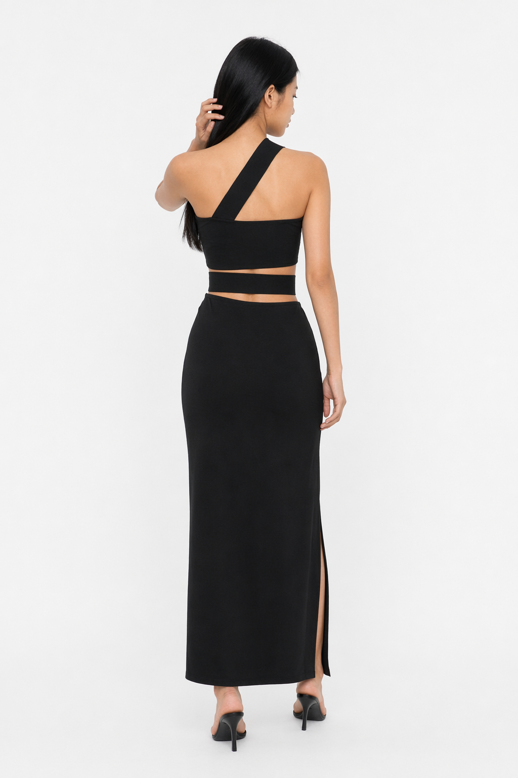 One-Shoulder Cutout Front Split Maxi Dress Black