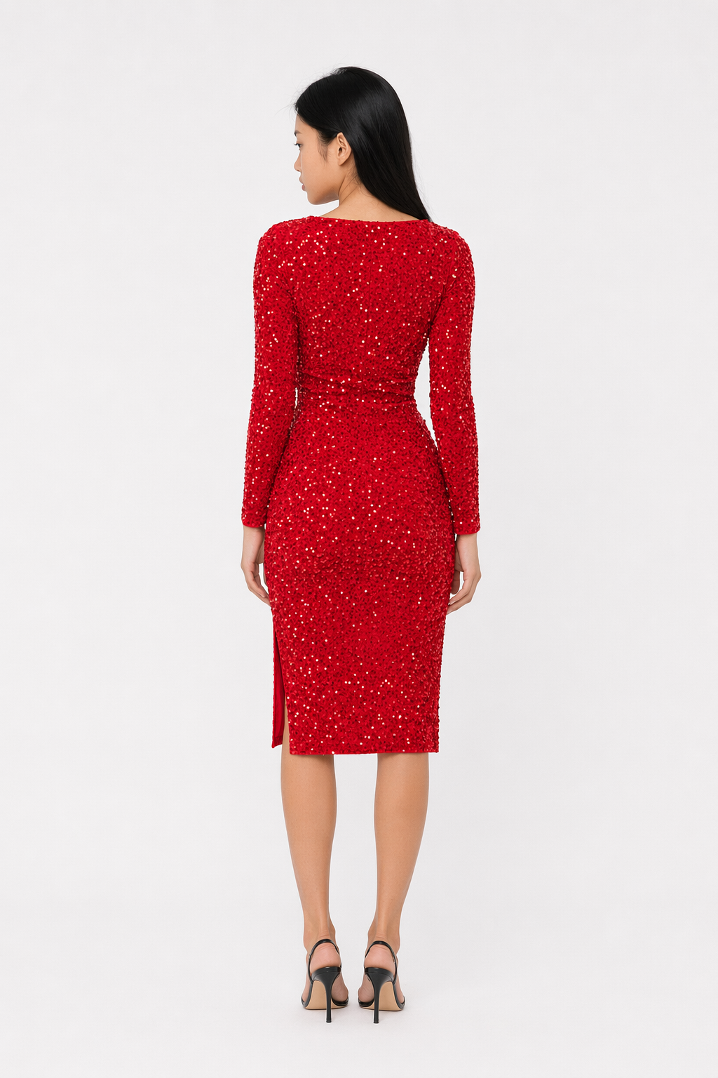 Sequin Round Neck Slit Dress Red