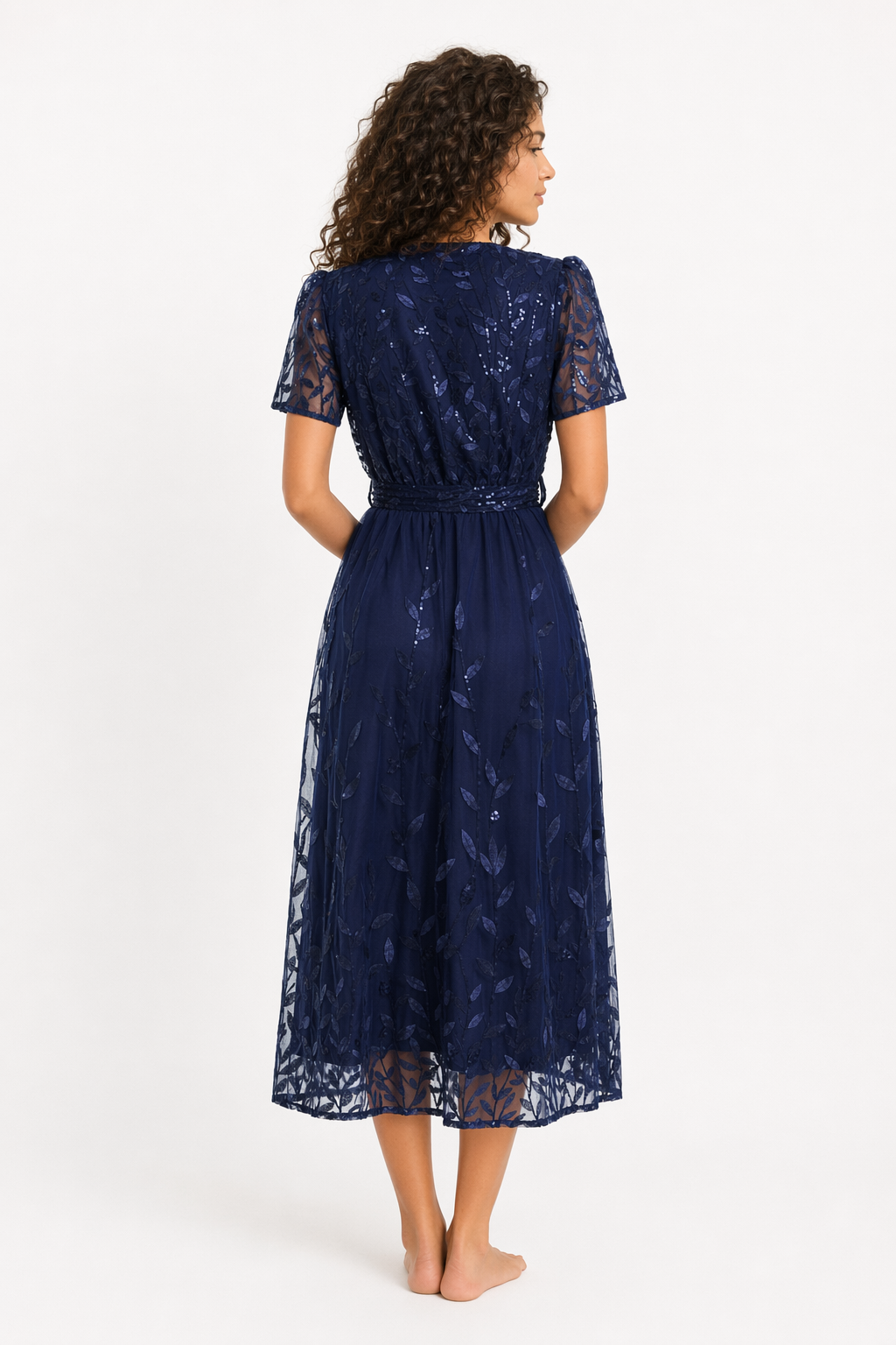Sequin Leaf Embroidery Tie Front Short Sleeve Dress Dark Blue