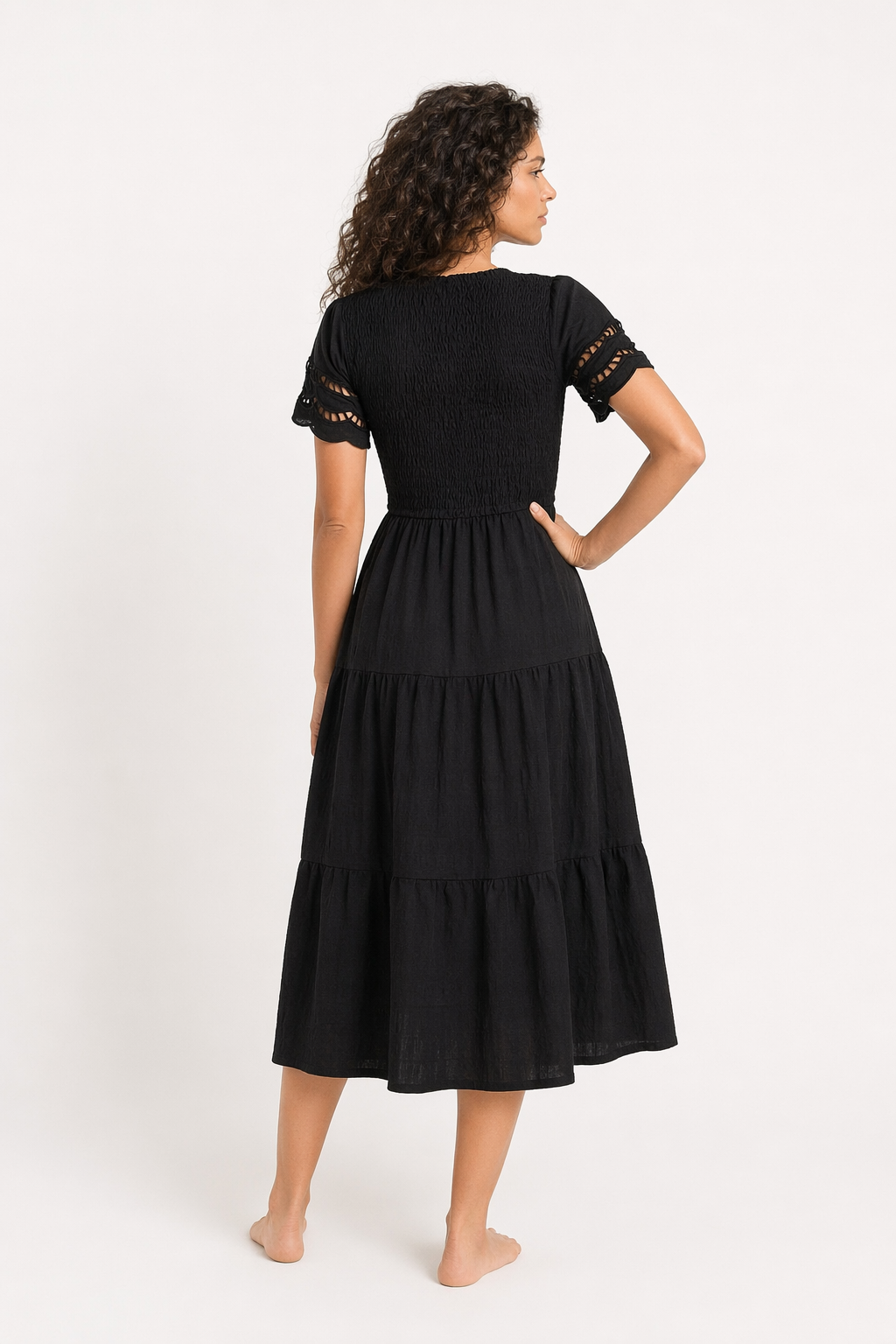 Devine Smocked Round Neck Short Sleeve Midi Dress Black