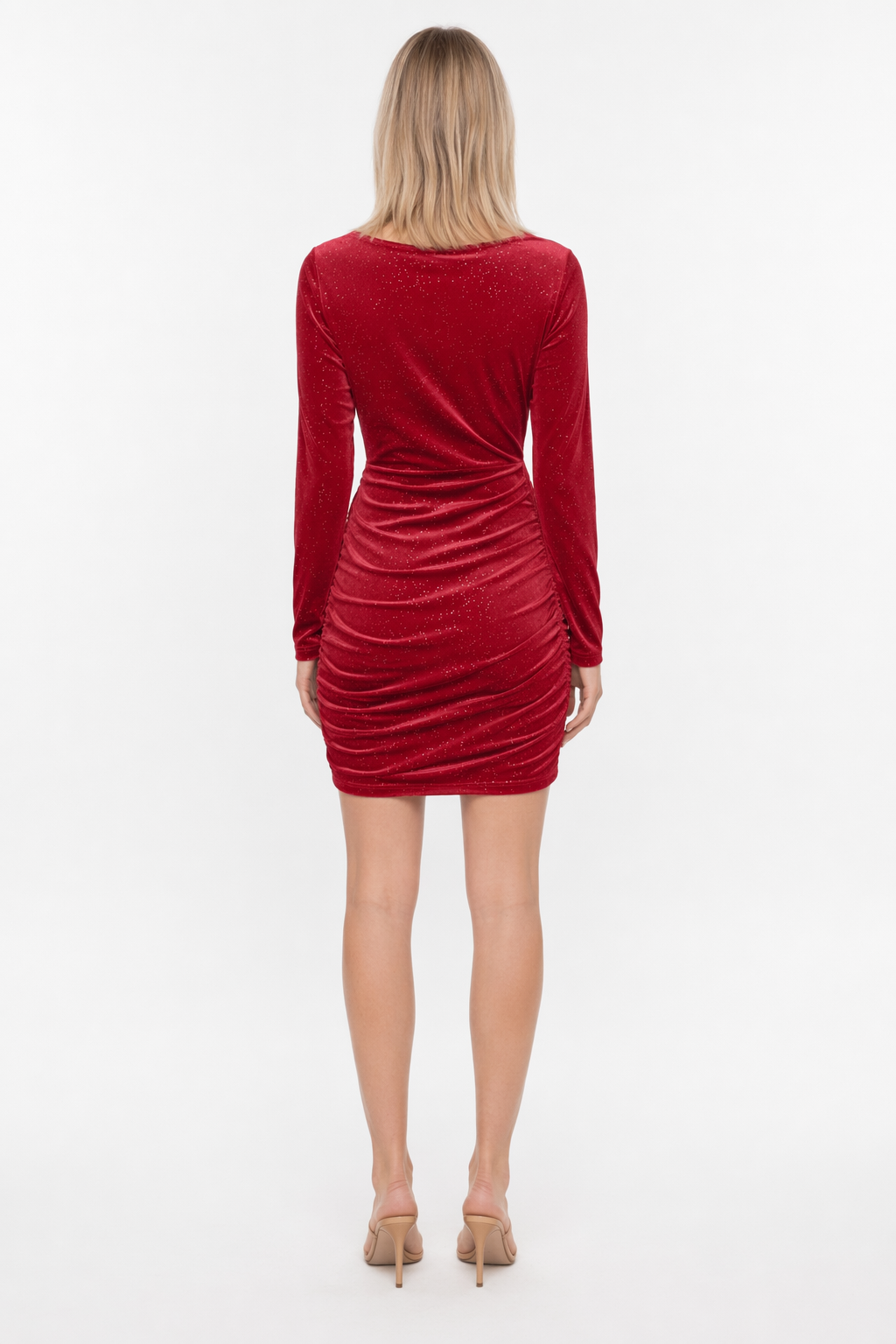 Glitter Ruched Cowl Neck Wrap Dress Deep Red