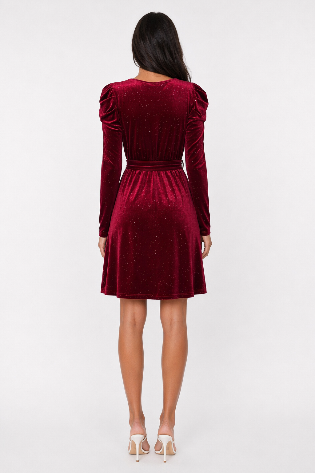 Glitter Round Neck Puff Sleeve Dress Burgundy