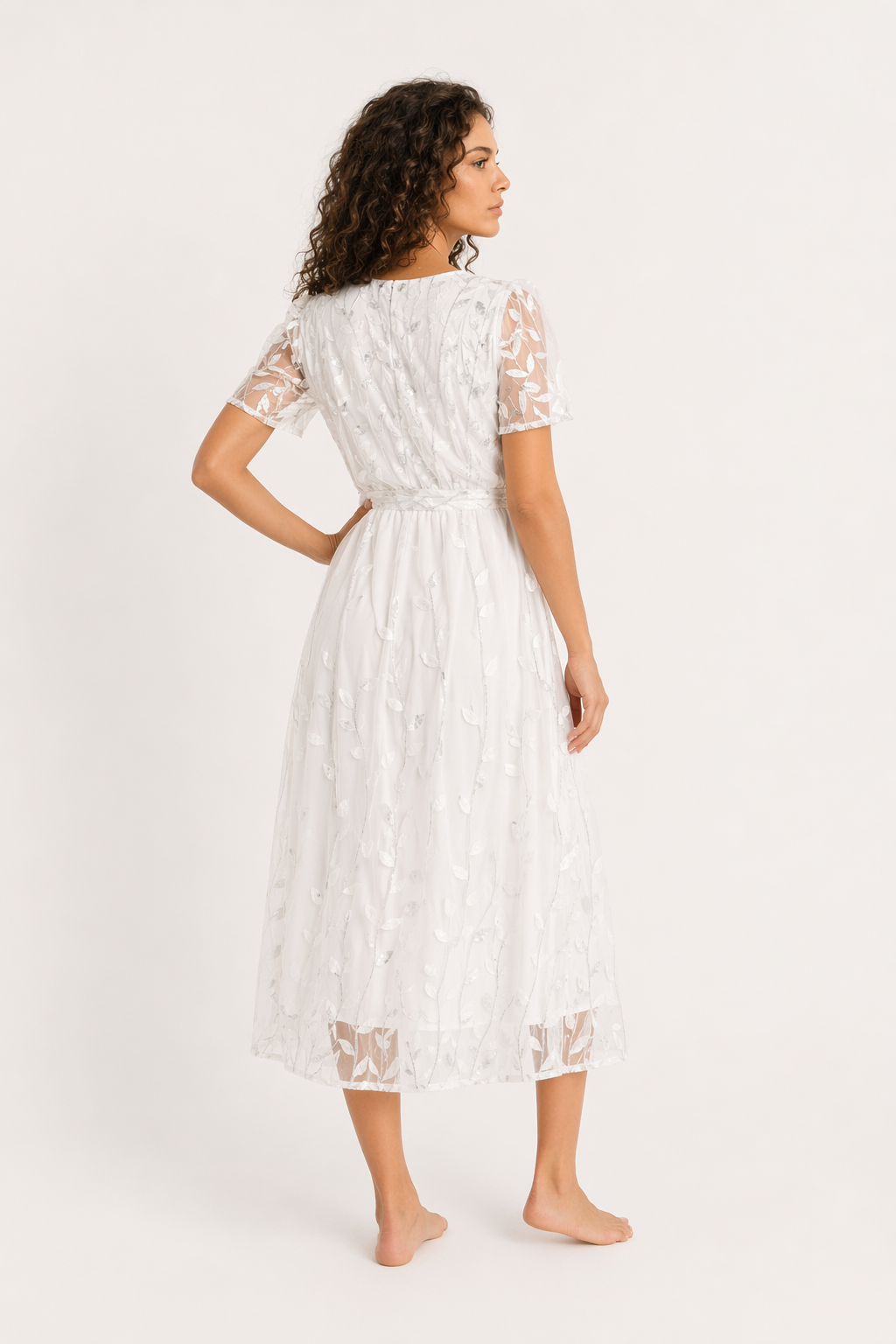 Sequin Leaf Embroidery Tie Front Short Sleeve Dress White