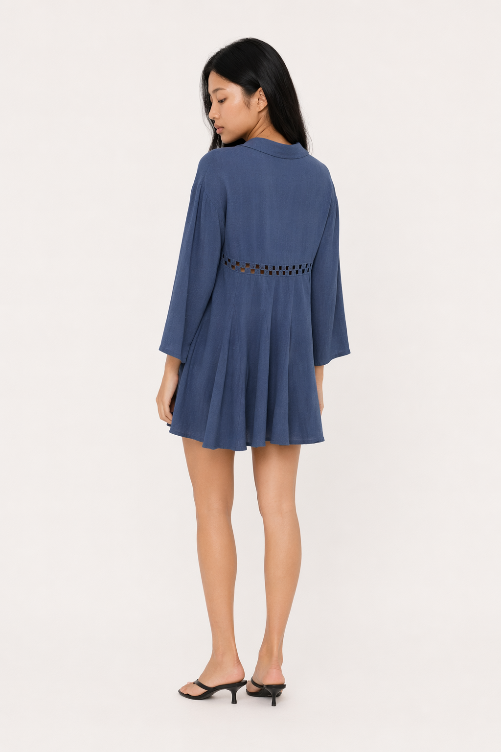 Cutout Johnny Collar Long Sleeve Mini Dress Dusty Blue