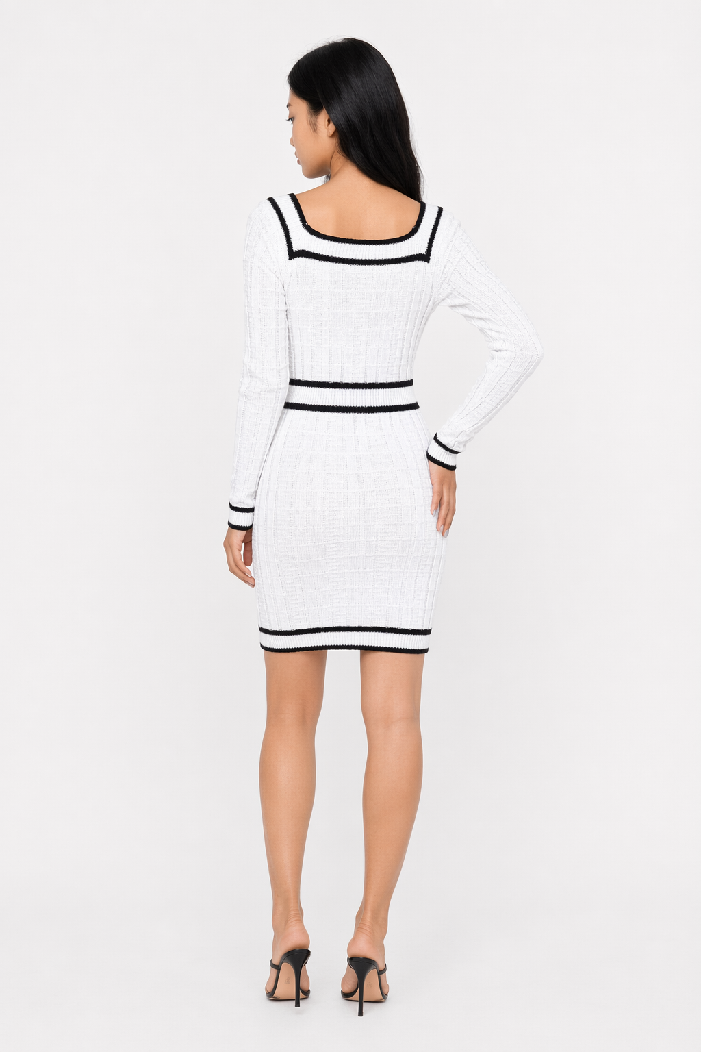 Contrast Trim Long Sleeve Sweater Dress White
