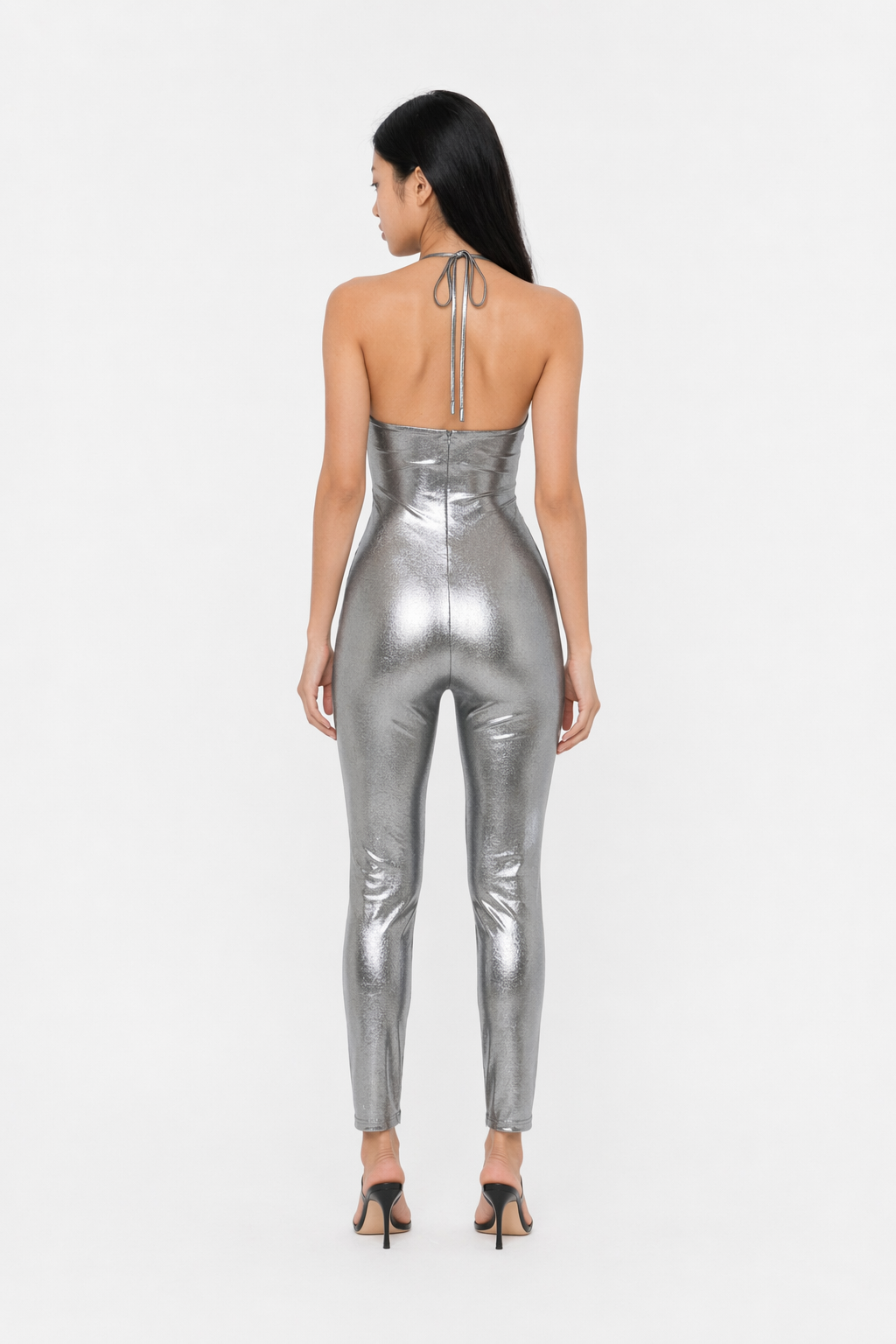 Shimmering Halter-Backless Metallic Jumpsuit Silver