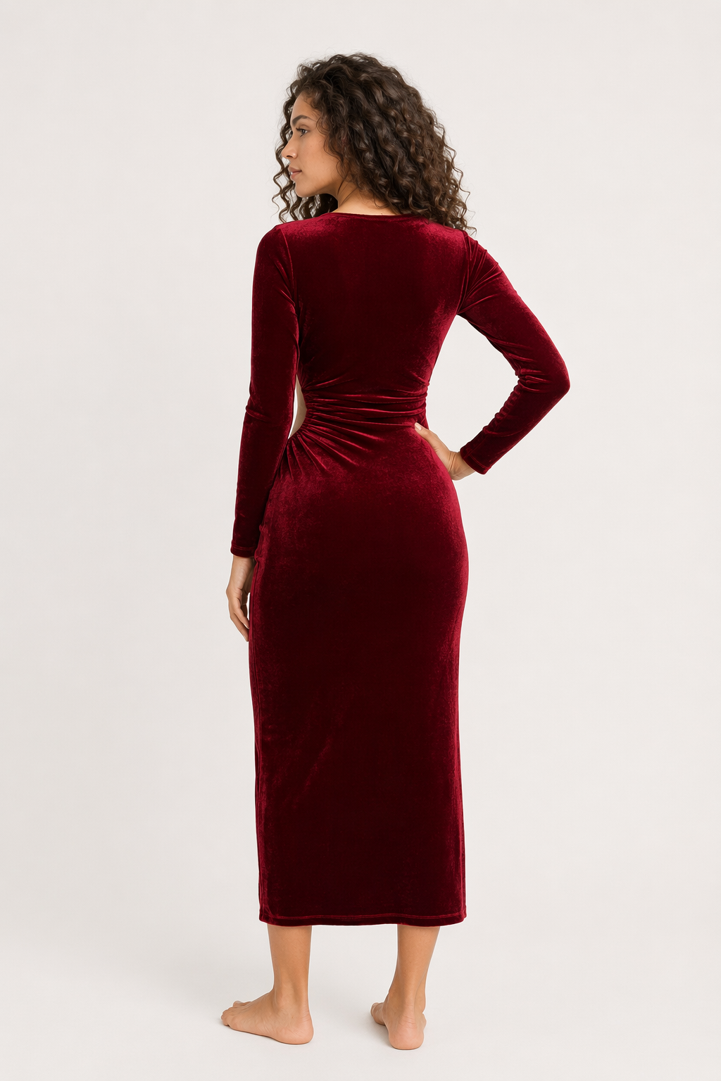 Cutout Side Slit Boat Neck Long Sleeve Dress Burgundy