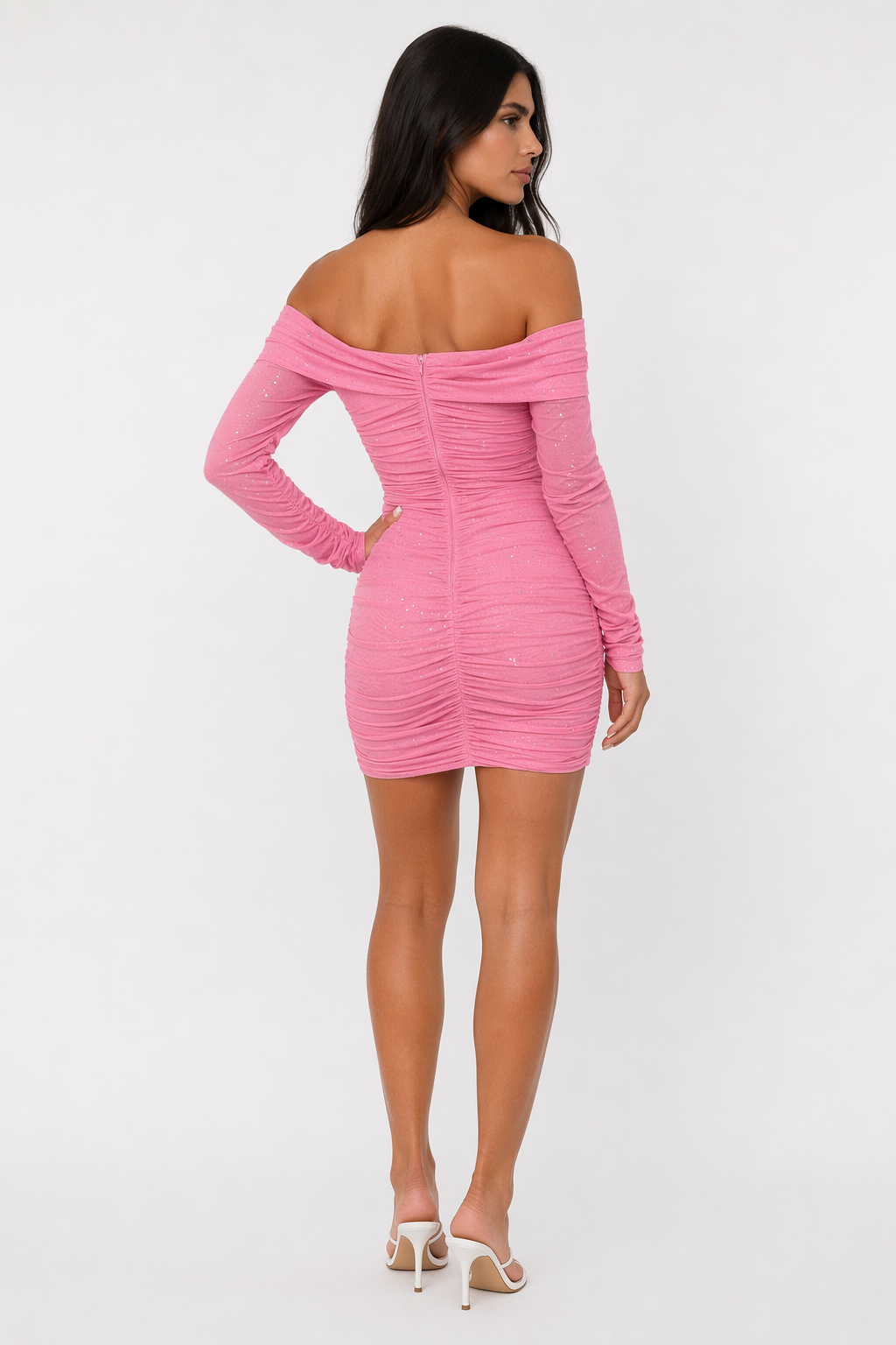 Glitter Ruched Off-Shoulder Long Sleeve Bodycon Dress Pink