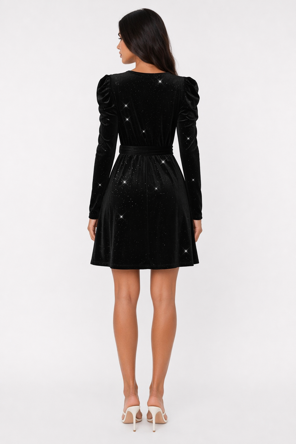 Glitter Round Neck Puff Sleeve Dress Black