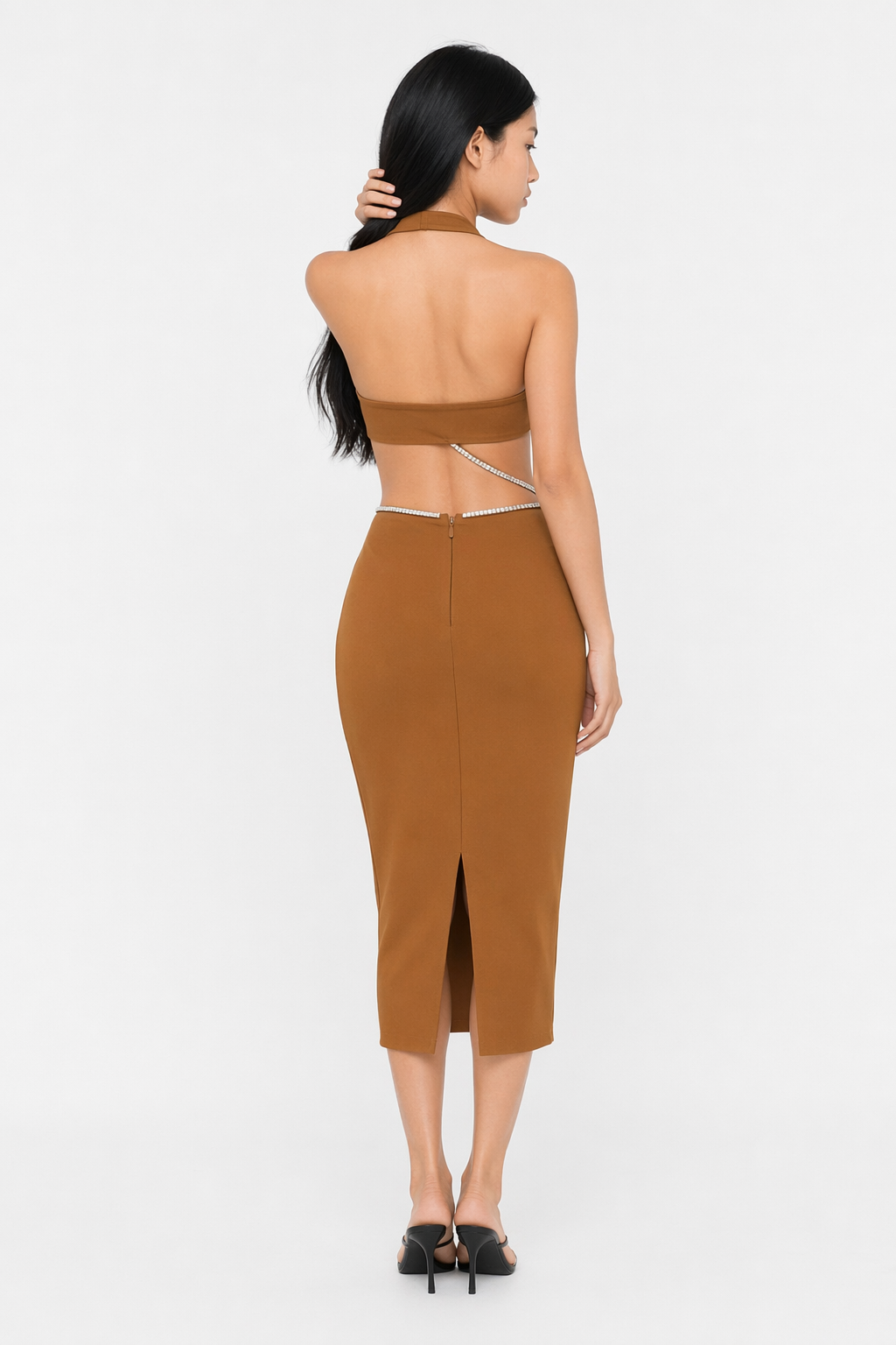 Rhinestone Halter Neck Cutout Slit Midi Dress Brown