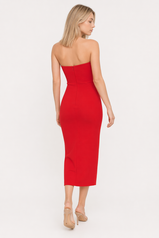 Cutout Strapless Drawstring Detail Split Bandage Dress Red