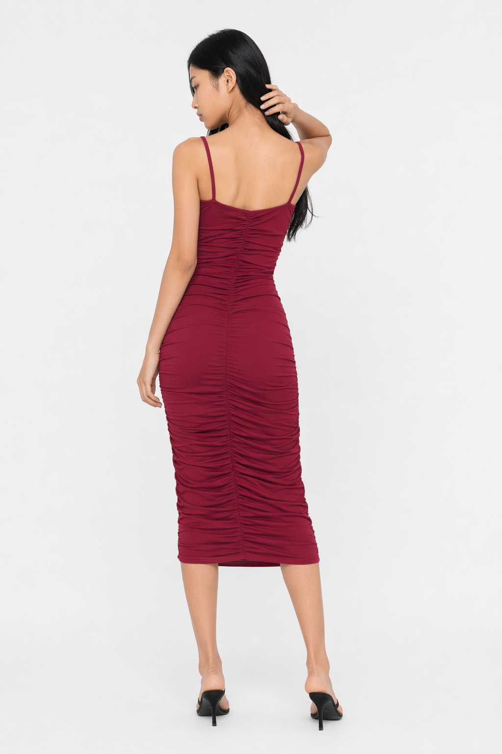 Ruched Spaghetti Strap Crisscross Detail Dress Burgundy