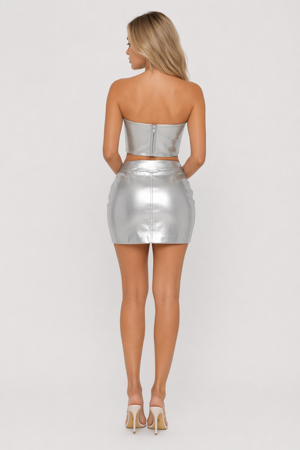 Shiny Rave Outfit with Strapless Bustier and Mini Skirt Silver