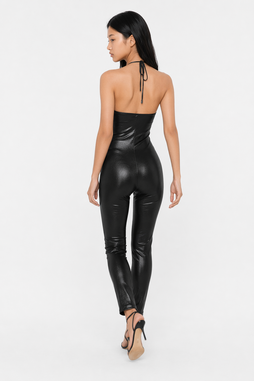 Shimmering Halter-Backless Metallic Jumpsuit Black