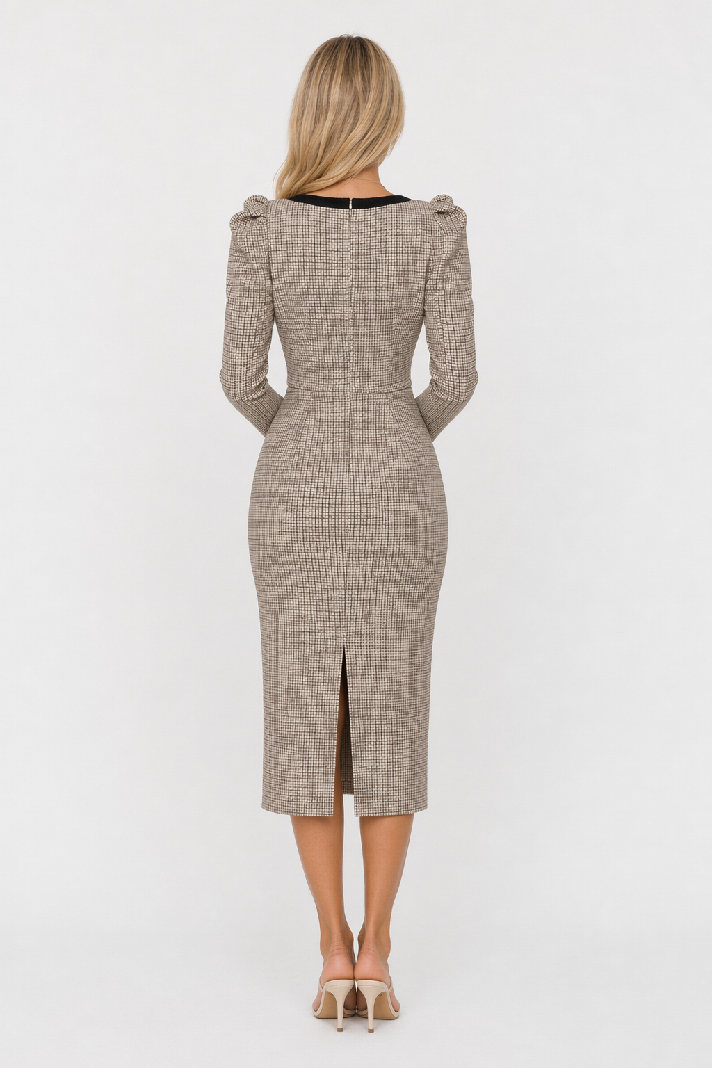 Bow Plaid Square Neck Puff Sleeve Dress Taupe