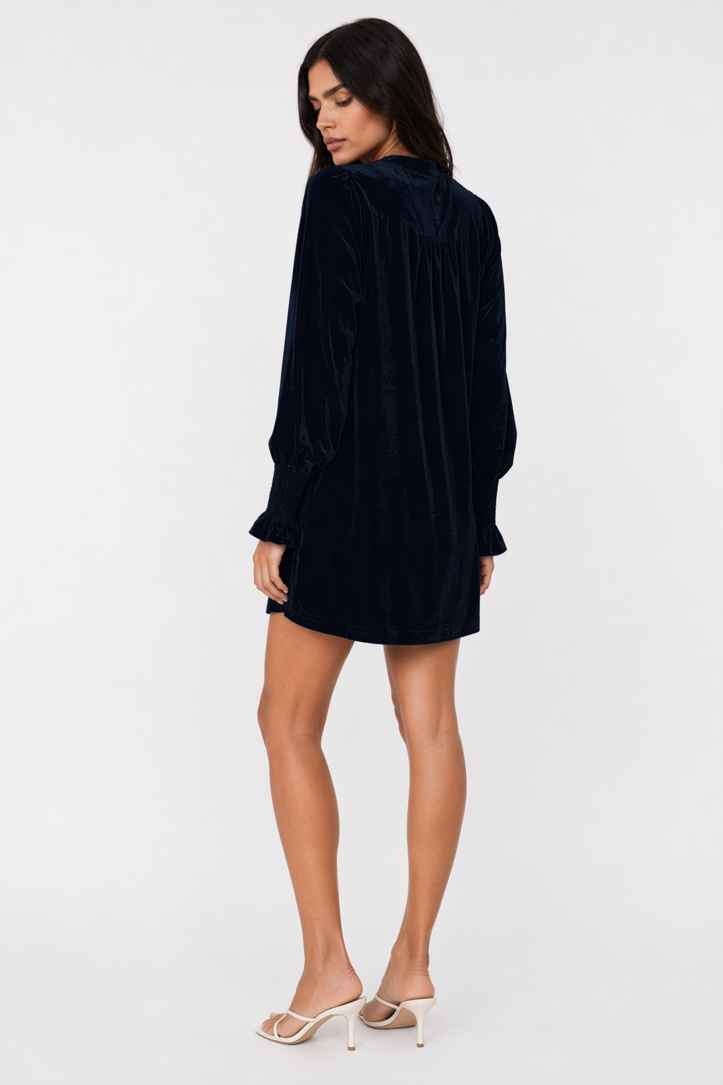 Full Size Mock Neck Smocked Long Sleeve Mini Dress Dark Navy
