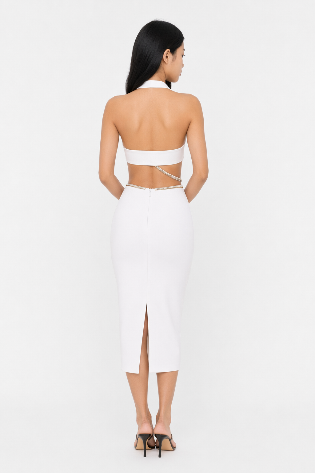 Rhinestone Halter Neck Cutout Slit Midi Dress White