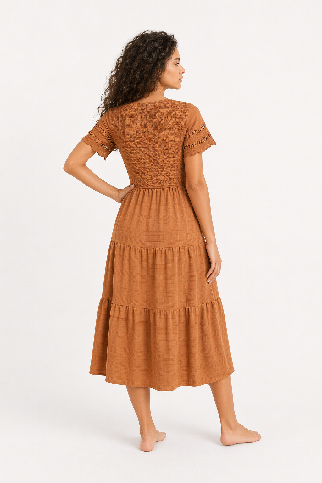Devine Smocked Round Neck Short Sleeve Midi Dress Caramel