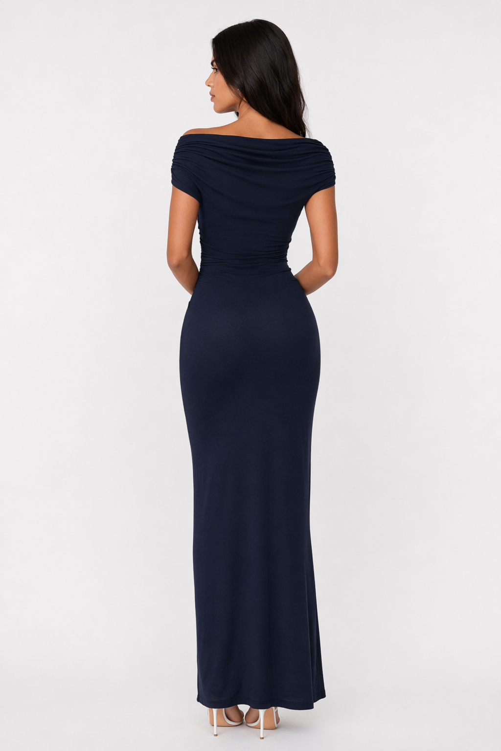 Devine Ruched Single Shoulder Short Sleeve Maxi Dress Dark Blue