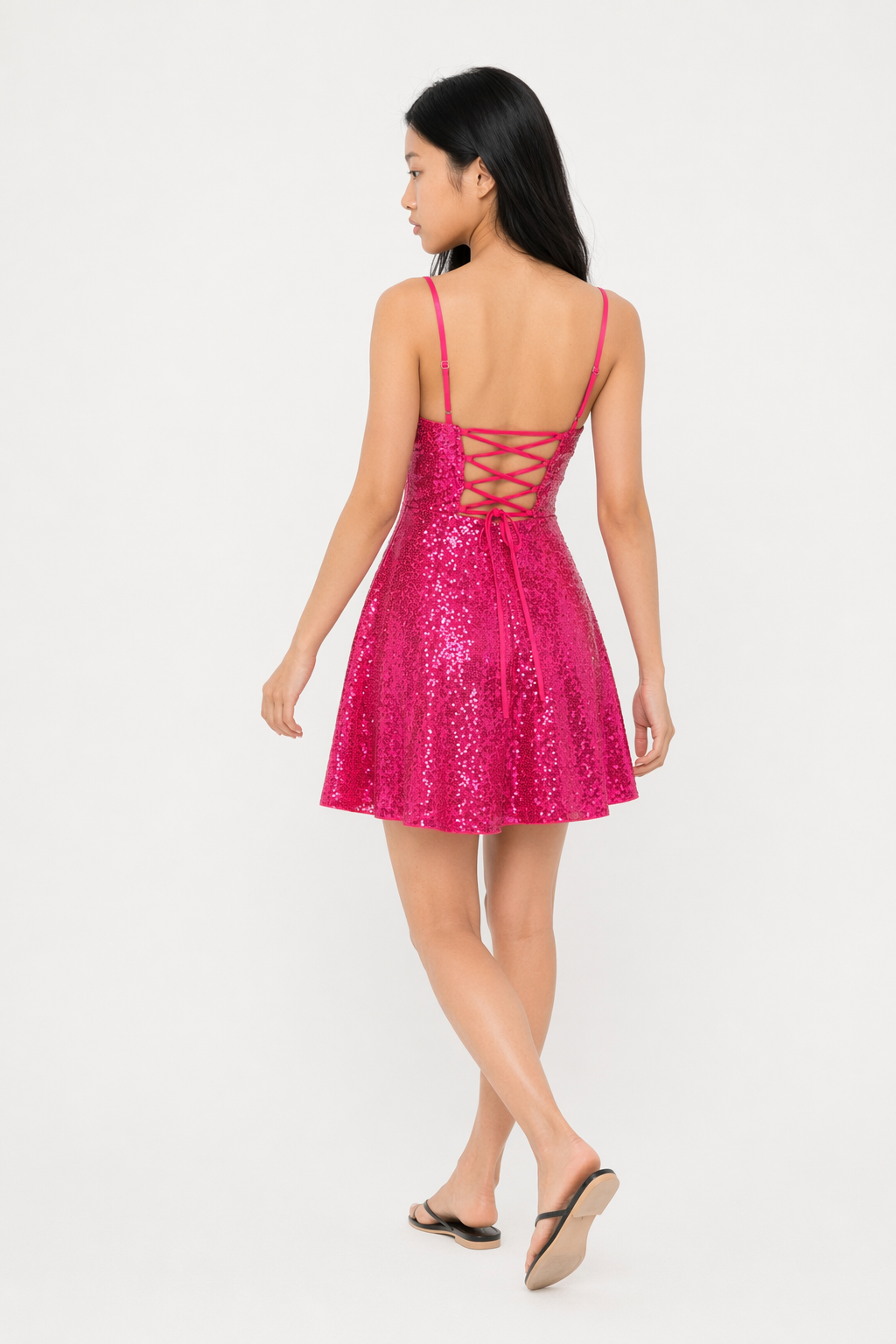 Sequin Tie Back Cami Dress Hot Pink