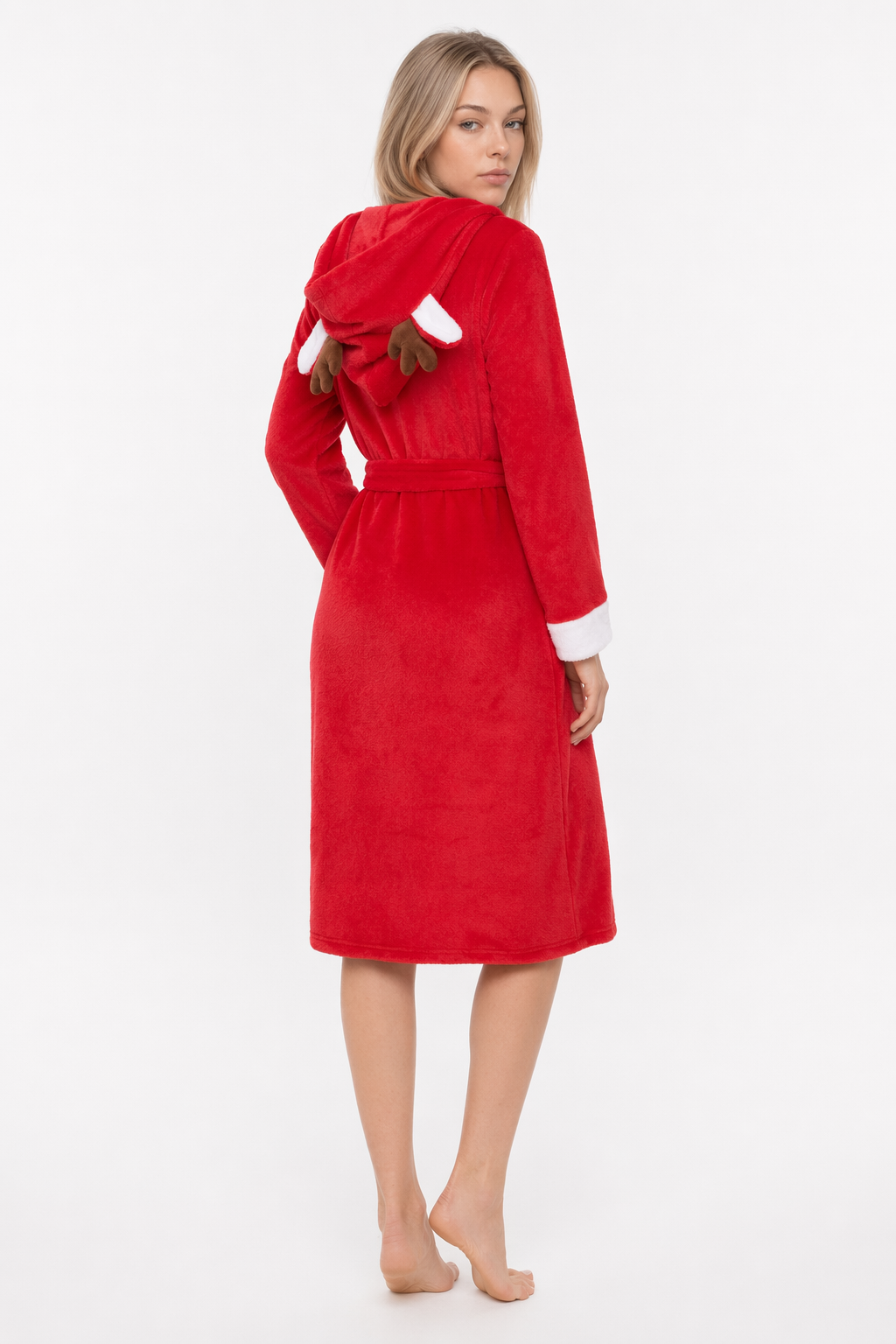Christmas Robe Fleece Reindeer Kimono Red